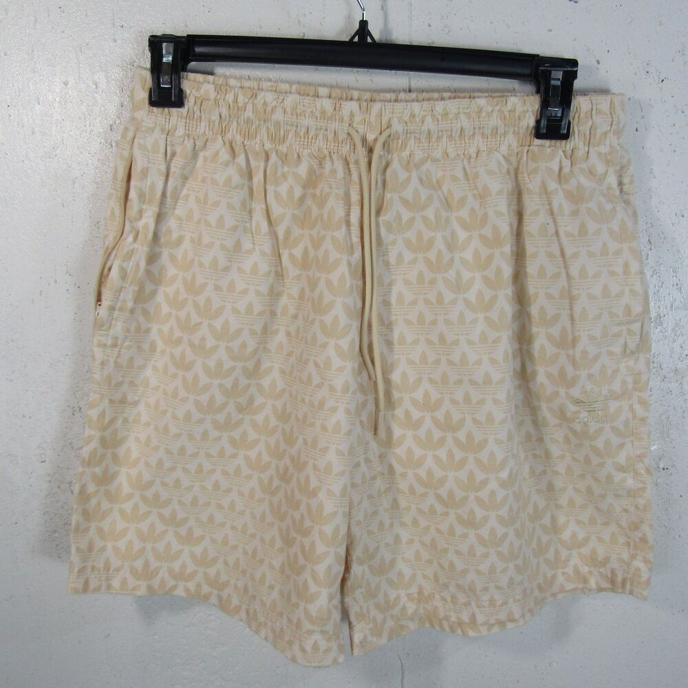 Adidas Men's Beige Trefoil Logo Pattern Shorts Drawstring Elastic Waist Size L